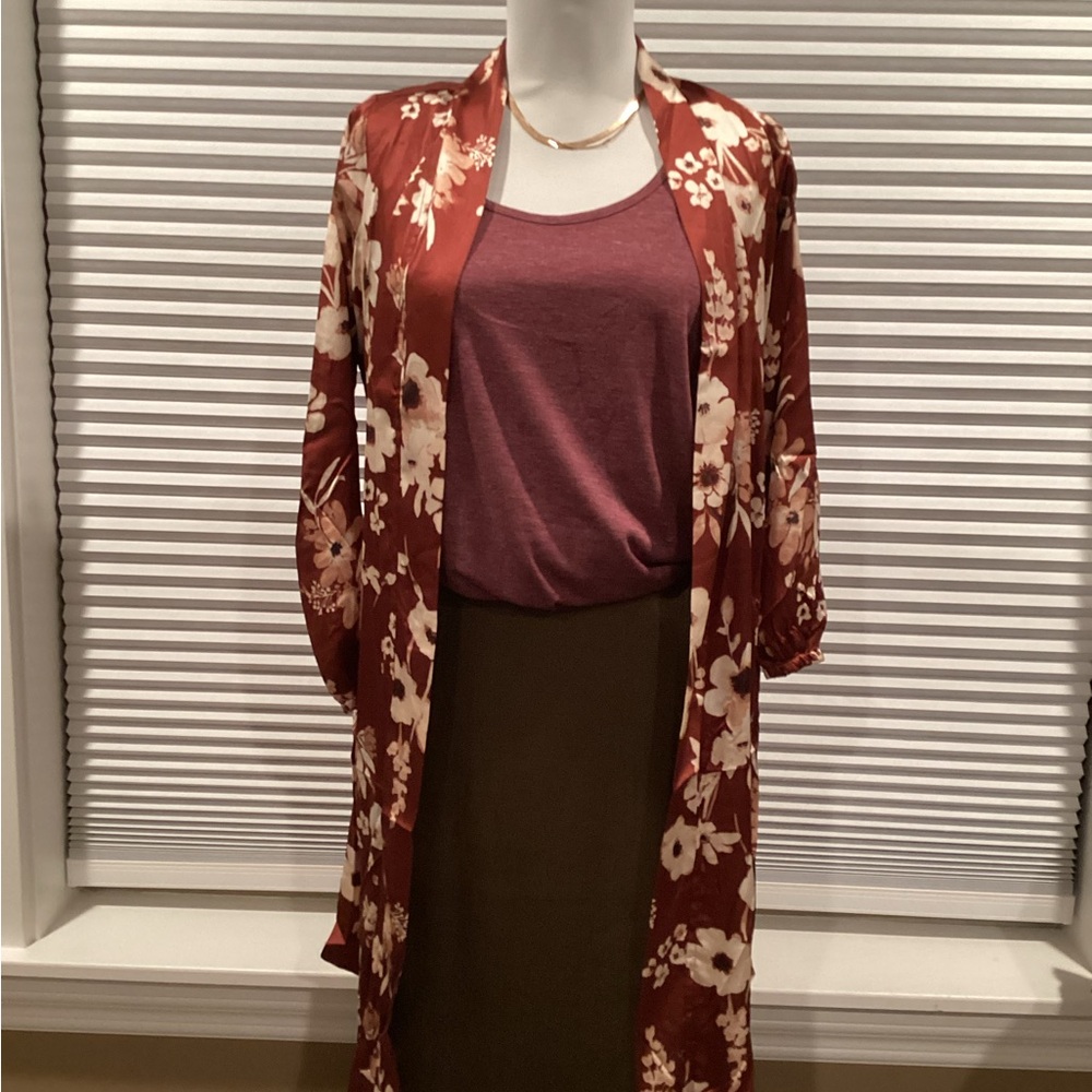 Joyfolie Floral Kimono and Top Set - Burgundy and Brown